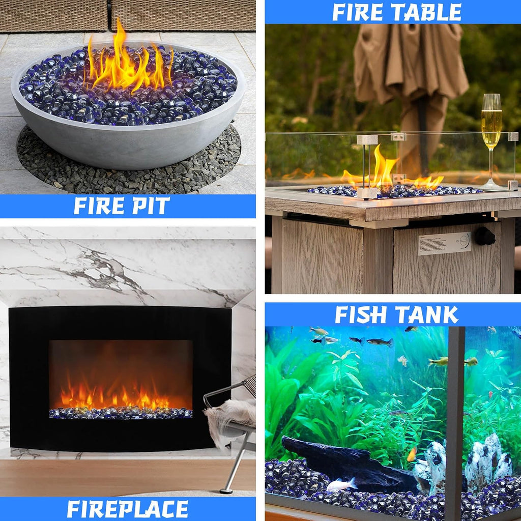 Cobalt Blue Fire Glass Diamonds for Fire Pit and Fireplace - 1 Inch Reflective Tempered Glass, 10 lbs