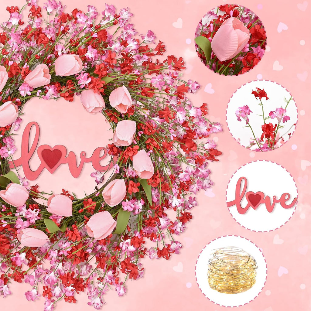 22IN Valentines Day Wreath Decorations, Wreath for Front Door, Pink Tulip Valentine, Spring Summer for Valentine's