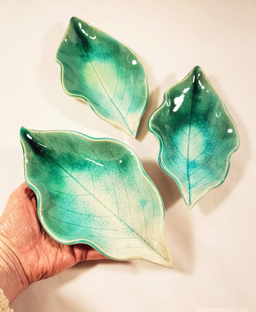 Pottery, Handmade Stoneware Hydrangea Leaf 3 Piece Dish Set or Spoon Rest In Festive Fall Colors