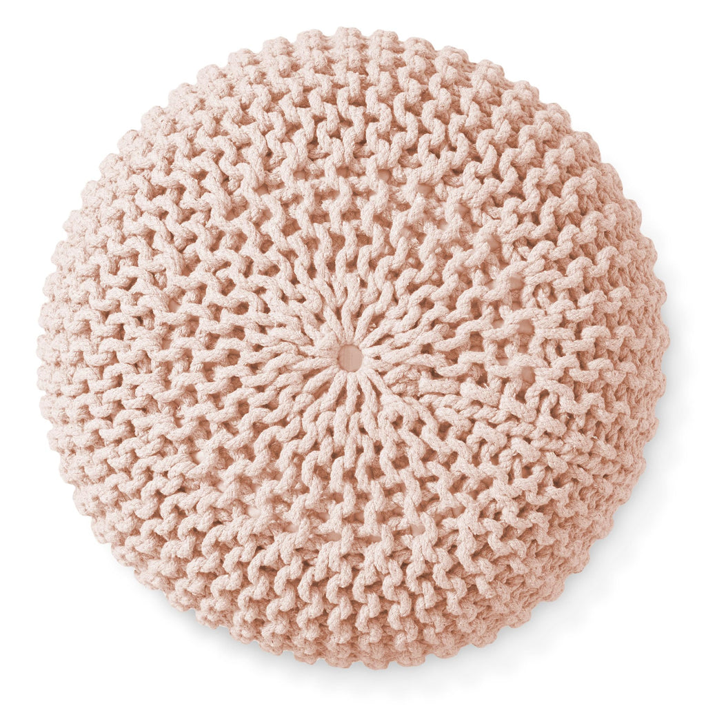 Round Pouf Ottoman, Light Pink - 20" Diameter x 14.5" High Cotton Knit Foot Stool - Boho Floor Pouffe