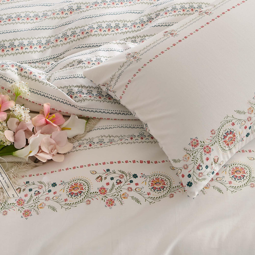 White Boho Duvet Cover Queen Reversible Floral Striped Bedding