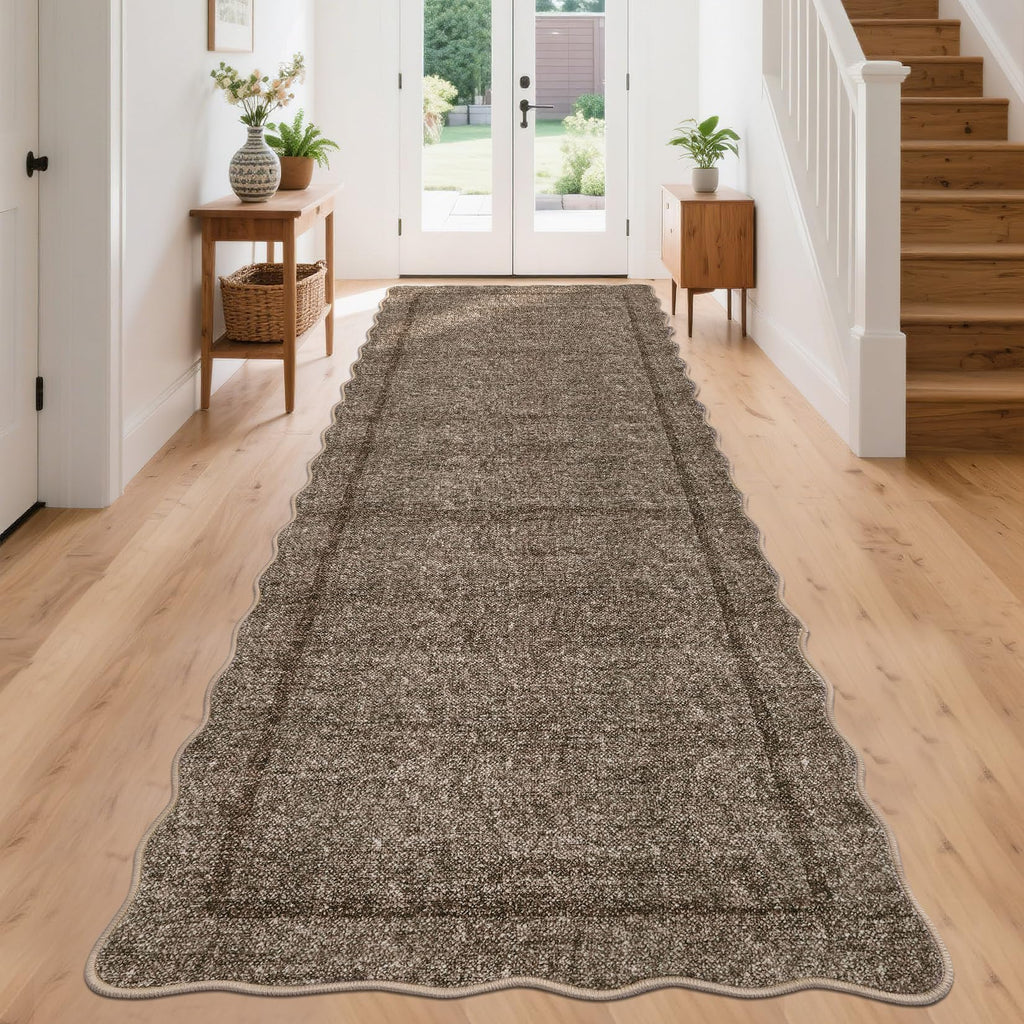 Scalloped Washable Runner Rug 2x10 Kitchen Runner Non Slip Taupe