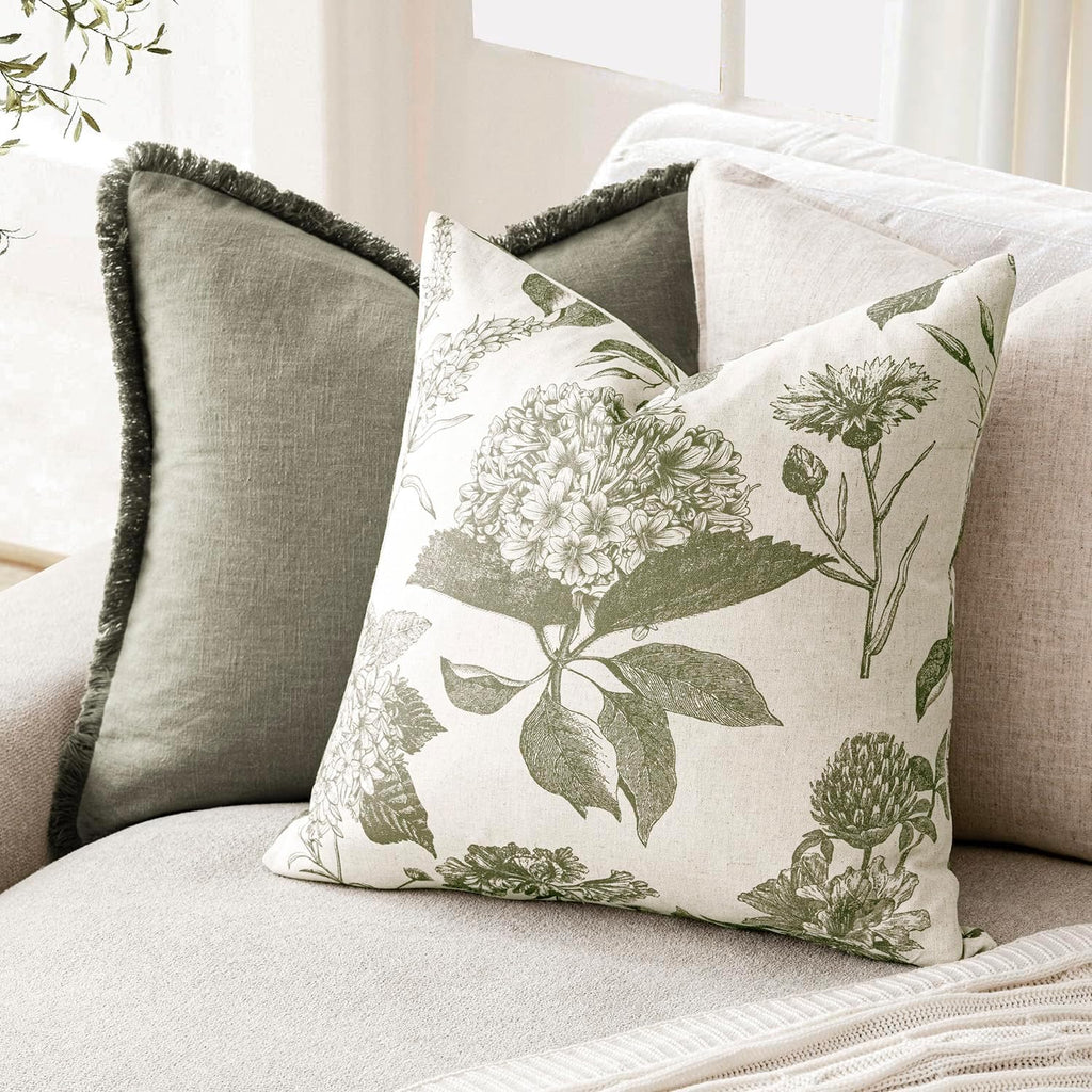 Set of 2 Linen Floral Vintage Throw Pillow Covers Neutral Accent Print Decorative Cushion Covers Farmhouse Home