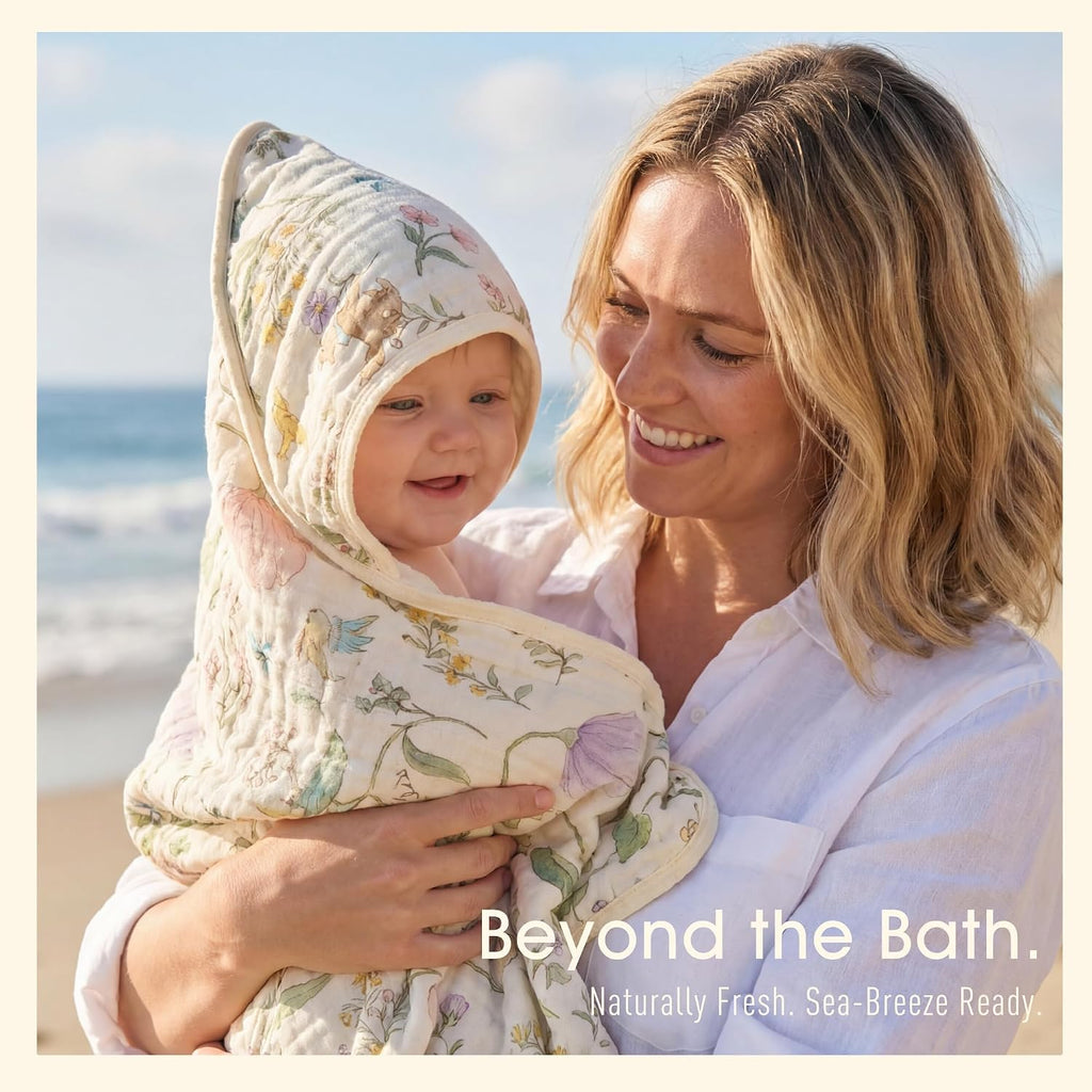 Muslin Baby Beach Bath Towel Hooded Organic Cotton Blend (Garden)