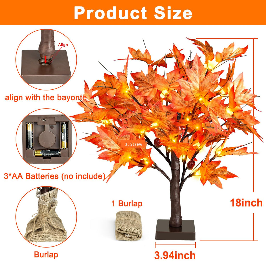 36 LED Lighted Fall Maple Tree - 1.5FT Thanksgiving Tabletop Lamp Decor with, 72 Maple Leaves, 6 Acorns, Timer