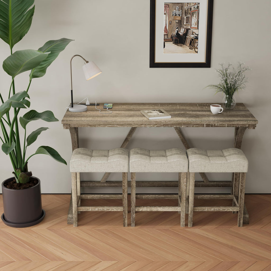 4-Piece Counter High Bar Table Set with Socket and 3 Fabric Padded Bar Stools, Tall Kitchen Breakfast Nook with Stool