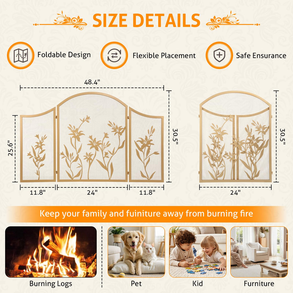 Fireplace Screen 3 Panel 48x25 Inch Folding Fireplace Screen Gold