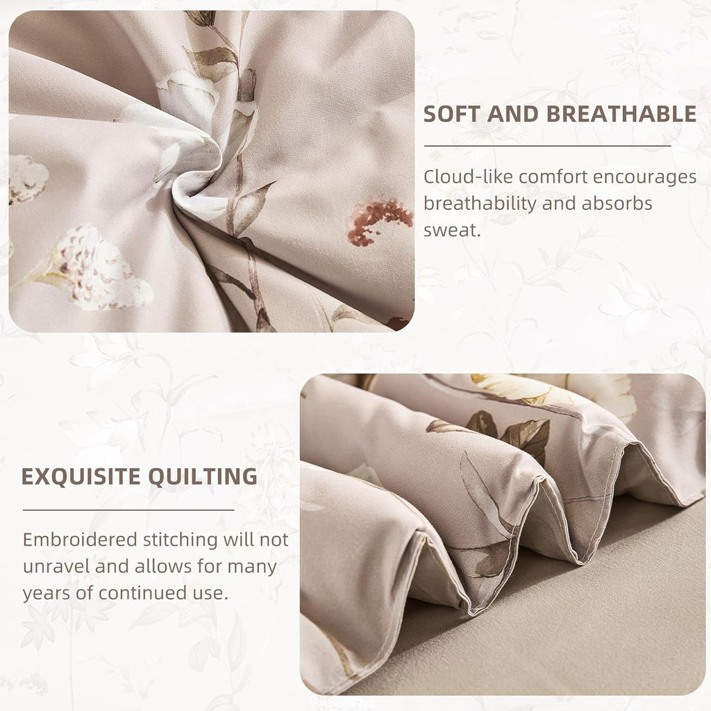 DJY Queen Comforter Set,Taupe Botanical Floral Bedding Comforter Sets Queen for All Seasons,7 Pieces Queen Bed in a