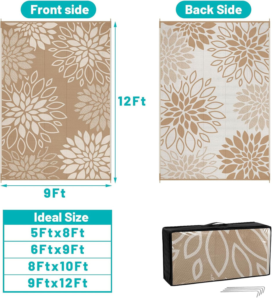Waterproof Outdoor Rug 9x12 for Patios, Floral Reversible Plastic Straw Rug Patio Mat, Indoor Outdoo