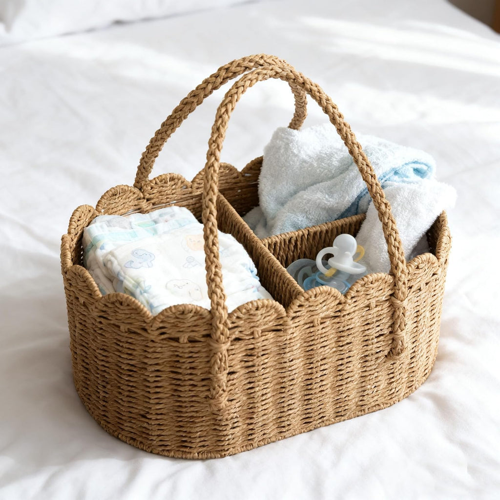 Diaper Caddy Organizer, Paper Rope Storage Baskets Nursery Bin with Removable Divider, Portable Car Organizer