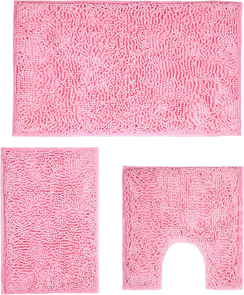 Pink Bathroom Rugs Sets 3 Piece Washable, Luxury ,Chenille Bath Mat Set, Soft Plush Anti-Slip Rectangular Bath, Rug
