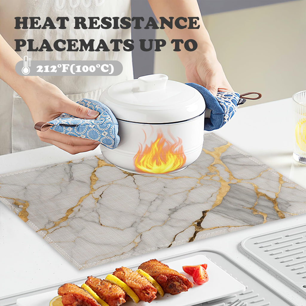 Placemats Set of 6,White Gold Marble Linen Table Mats Abstract Heat Resistant Place Mats Washable Dining Table Mats