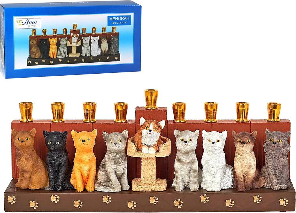 Hanukka Cat - 3D Sculptured Cats and Paw Prints on Menorahs Base Cats Themed Children Teens or Adults Collectible