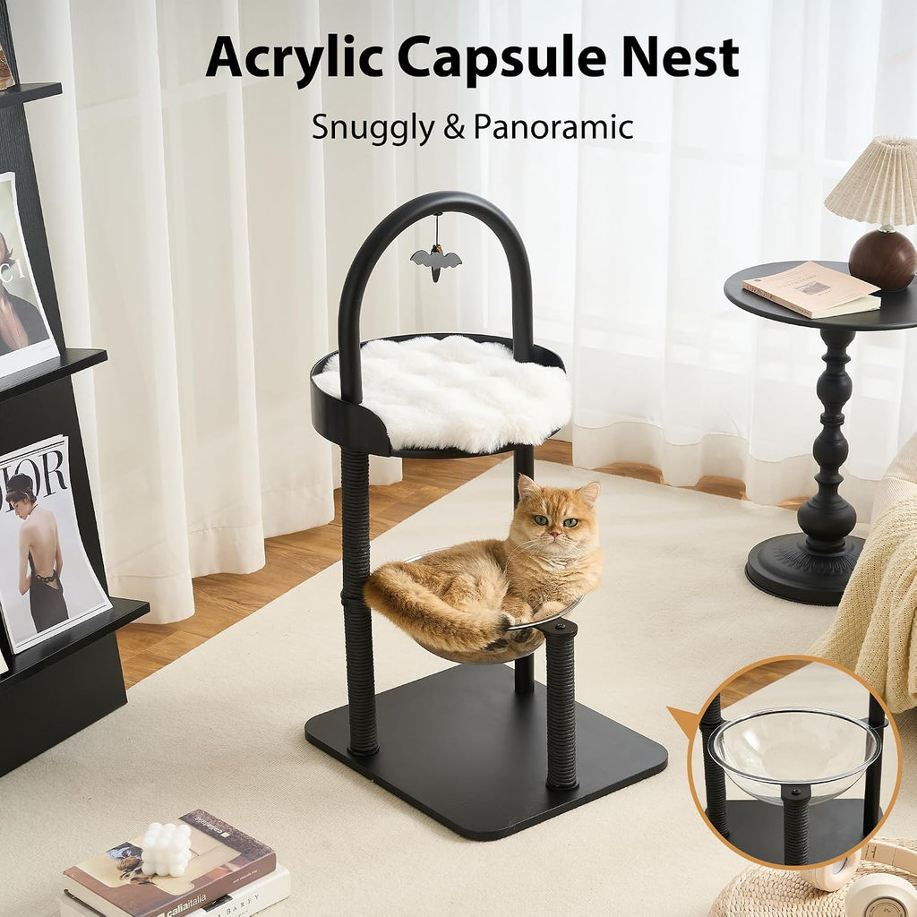 34" Modern Cat Tree Furniture for Indoor Small & Medium Cats, Minimalist Cat Tower with Scratching Posts, Wood