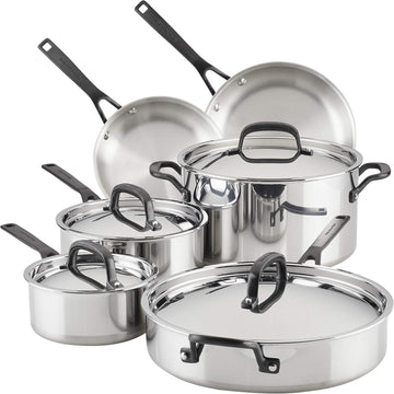 5-Ply Clad Stainless Steel Cookware Induction Pots and Pans Set, 10-Piece, Polished Stainless Steel