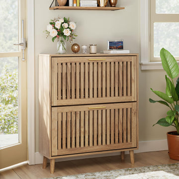 Shoe Storage Cabinet with 2 Flip Slatted Drawers, Narrow Freestanding Shoe Cabinet with Gold Handle, Hidden Entryway