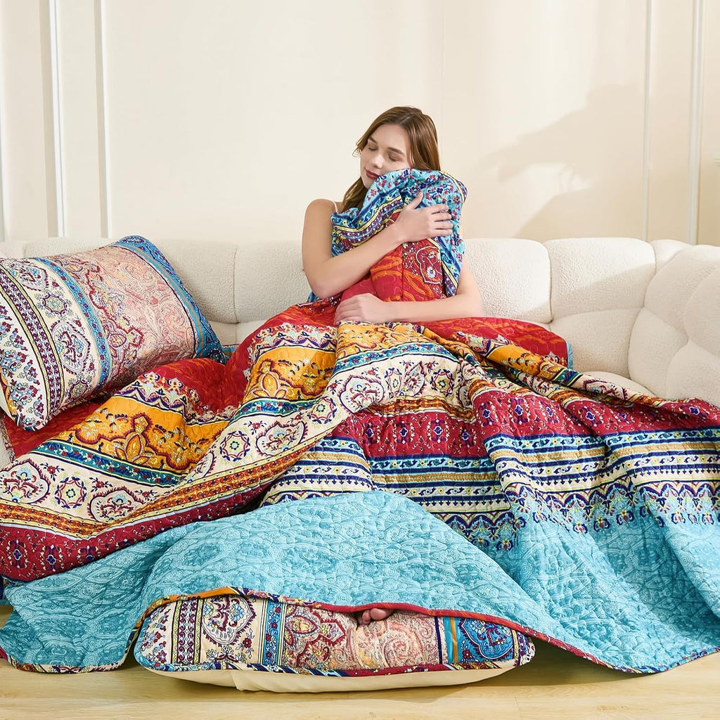 Bohemian Quilt Set Queen, Boho Striped Pattern Quilts Bedspread Set for All Season, Soft Microfiber Bedding Coverlet