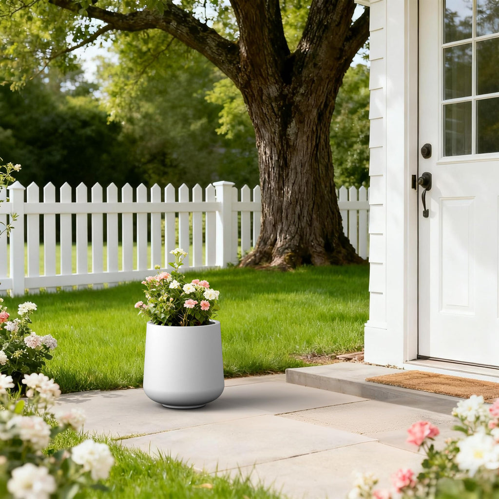 Accent Round Curved White Concrete Planter 13" Dia, Outdoor