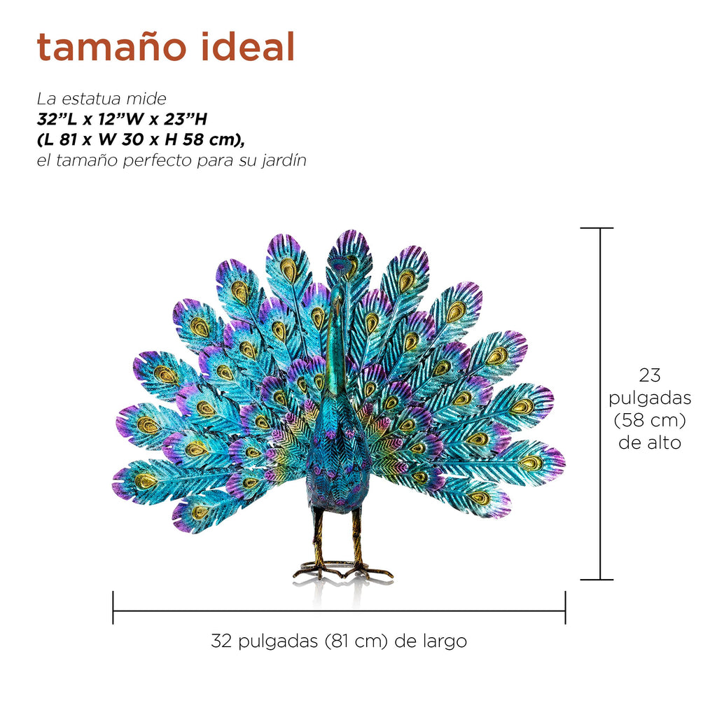 23" Tall Outdoor Metal Peacock Statue, Multicolor