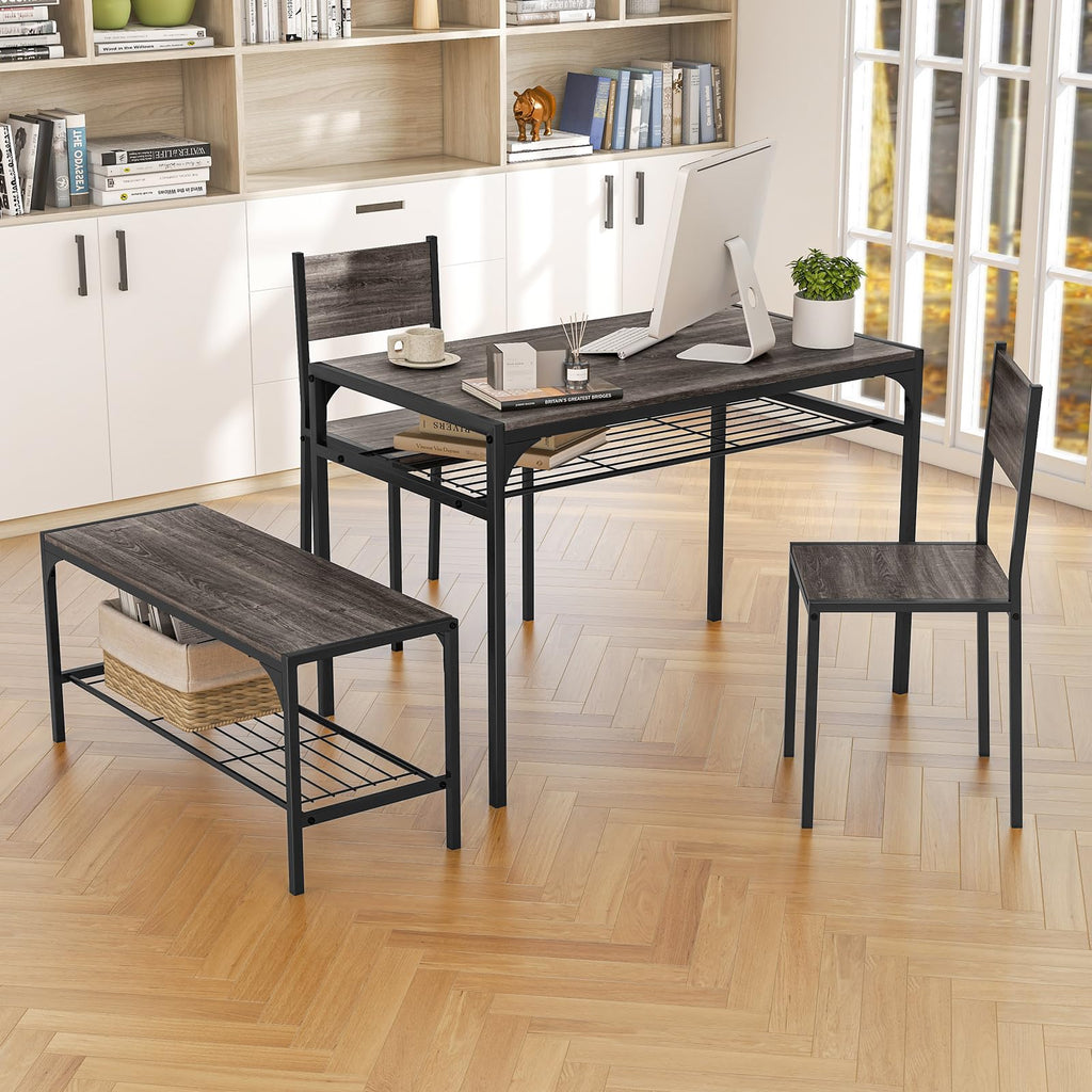 4-Piece Dining Table Set for 4, Industrial Kitchen Table with 2 Chairs and Bench, Space-Saving Dinette Set with Metal