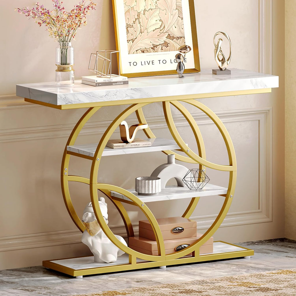 41.3 Inch Entryway Table with Marble Top, Modern Console Sofa Table, Accent Table with Shelves, for Entry, Hallway