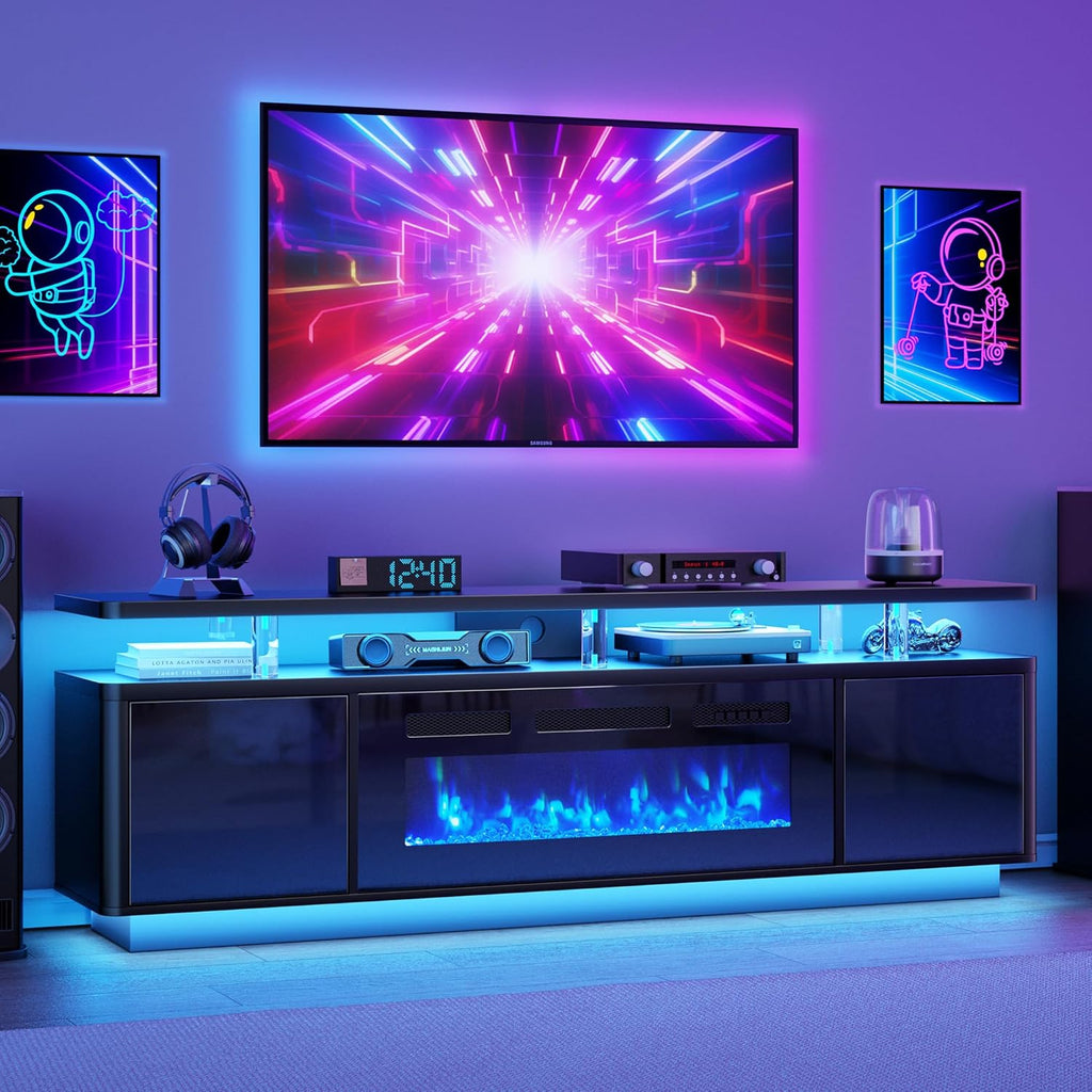 70" Fireplace TV Stand with Double LED Lights for TVs UP to 80", Electric Fireplace Entertainment Center with Storage