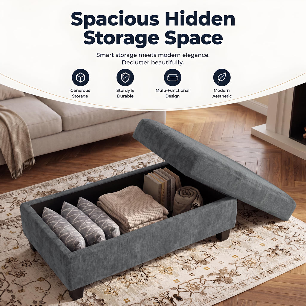 45.3" Storage Ottoman with Reversible Wooden Tray Top, Coffee Table Ottoman Bench Upholstered Multifunctional