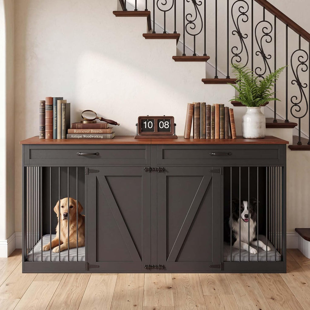 Double Dog Crate Furniture for 2 Dogs with 2 Drawers