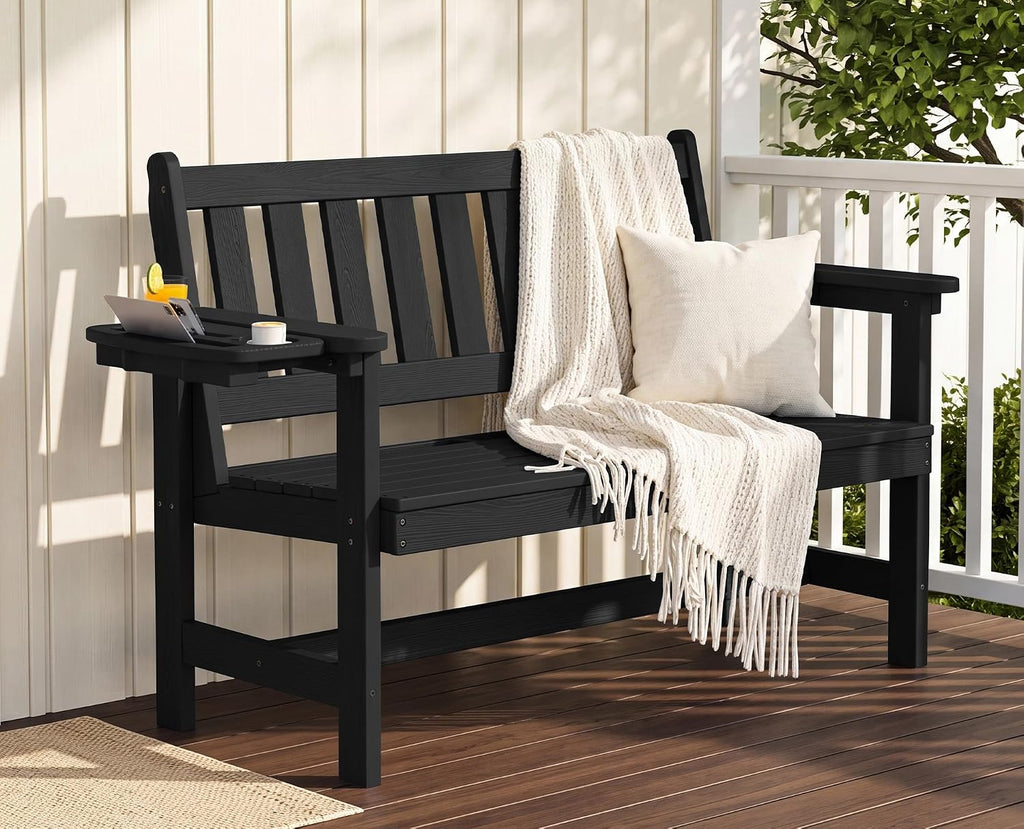 HDPE Outdoor Bench, Weatherproof Porch Bench, 1 Pack, Black | 660 lbs Weight Capacity, Suitable for 2 Person, HDPE