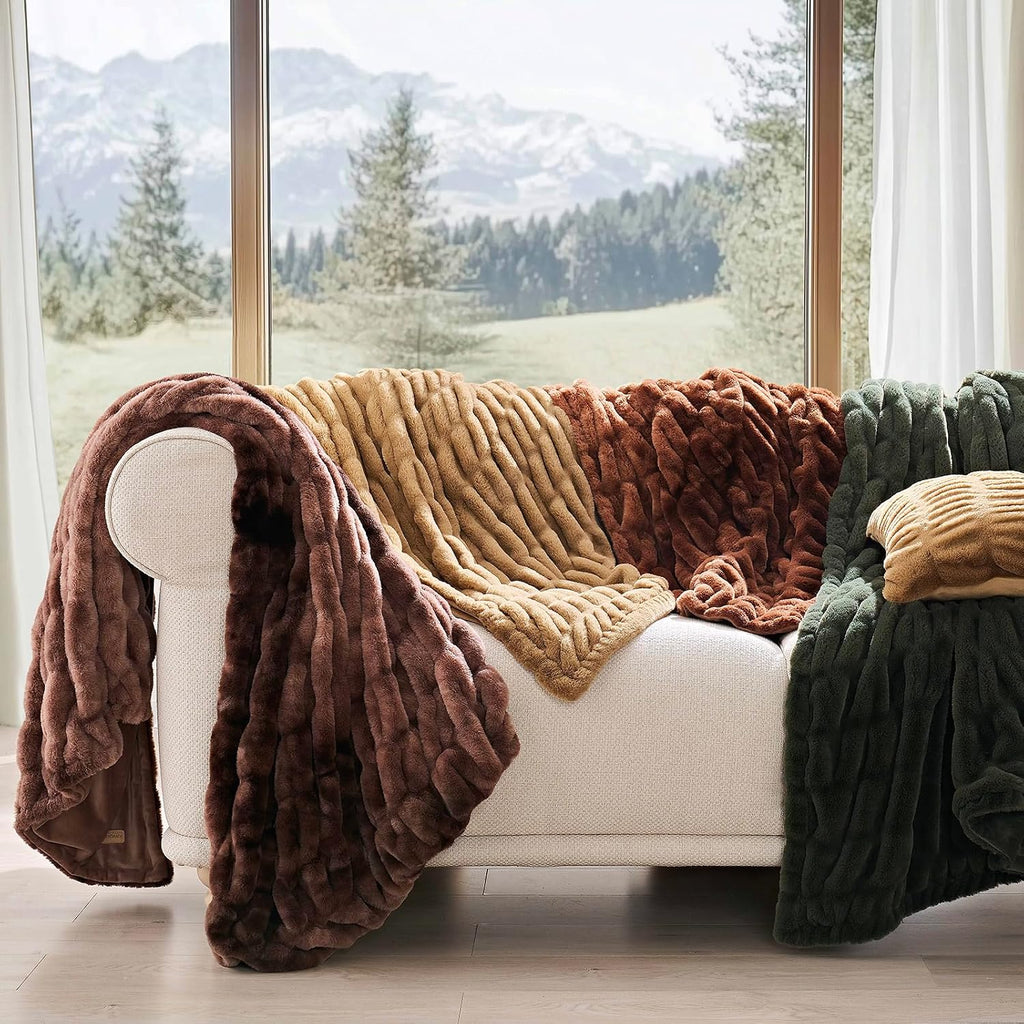 Ruched Bubble Faux Rabbit Fur Throw Blanket, 60"x80", Loden Green | Luxurious Soft Plush Reversible Blanket with