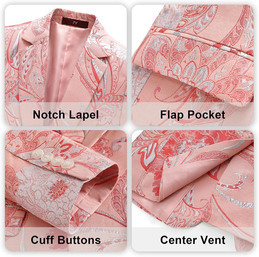 Boys Floral Tuxedo Suit Set Kids 3 Piece Slim Fit Prom Set