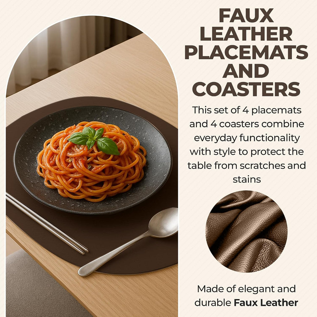 Faux Leather Placemats and Coasters Round Modern Brown Table Mats for Dining - Heat Resistant, Waterproof - Set of 4