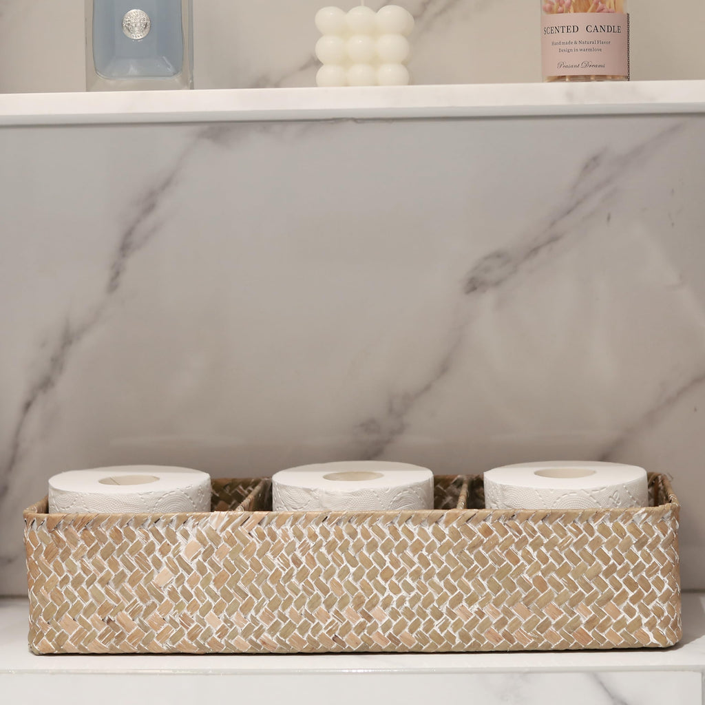 Whitewash Seagrass Toilet Paper Basket 3 Sections 16.5 x 5.5 x 3.5inch