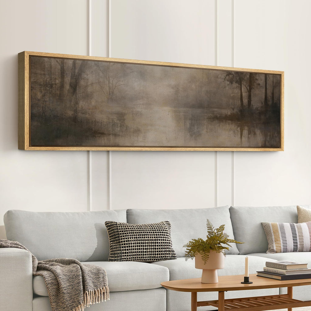 Large Framed Canvas Print Wall Art Foggy Forest Lake Moody Misty Landscape Illustrations Modern Art Calm Warm