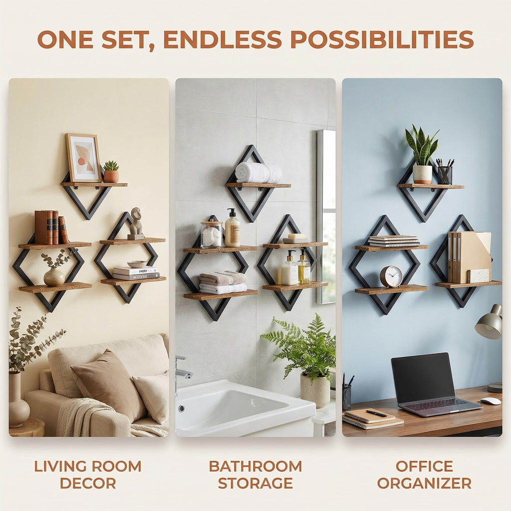 Floating Shelves Shelves on Wall Set of 3, 2-Tier Hanging Wall Mounted Shelves Decorative Wooden Wall, Hanging Wall