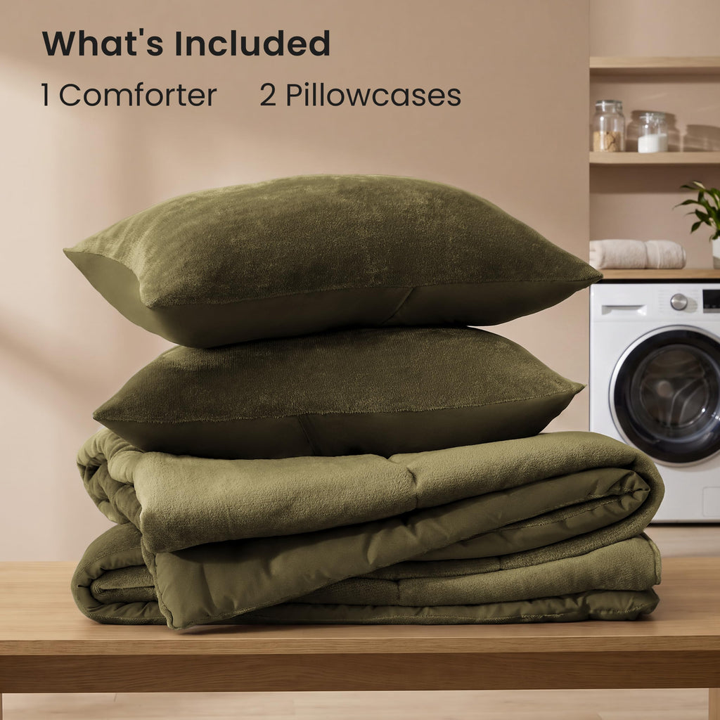 Flannel Comforter Set, Plush Jacquard, Olive Green