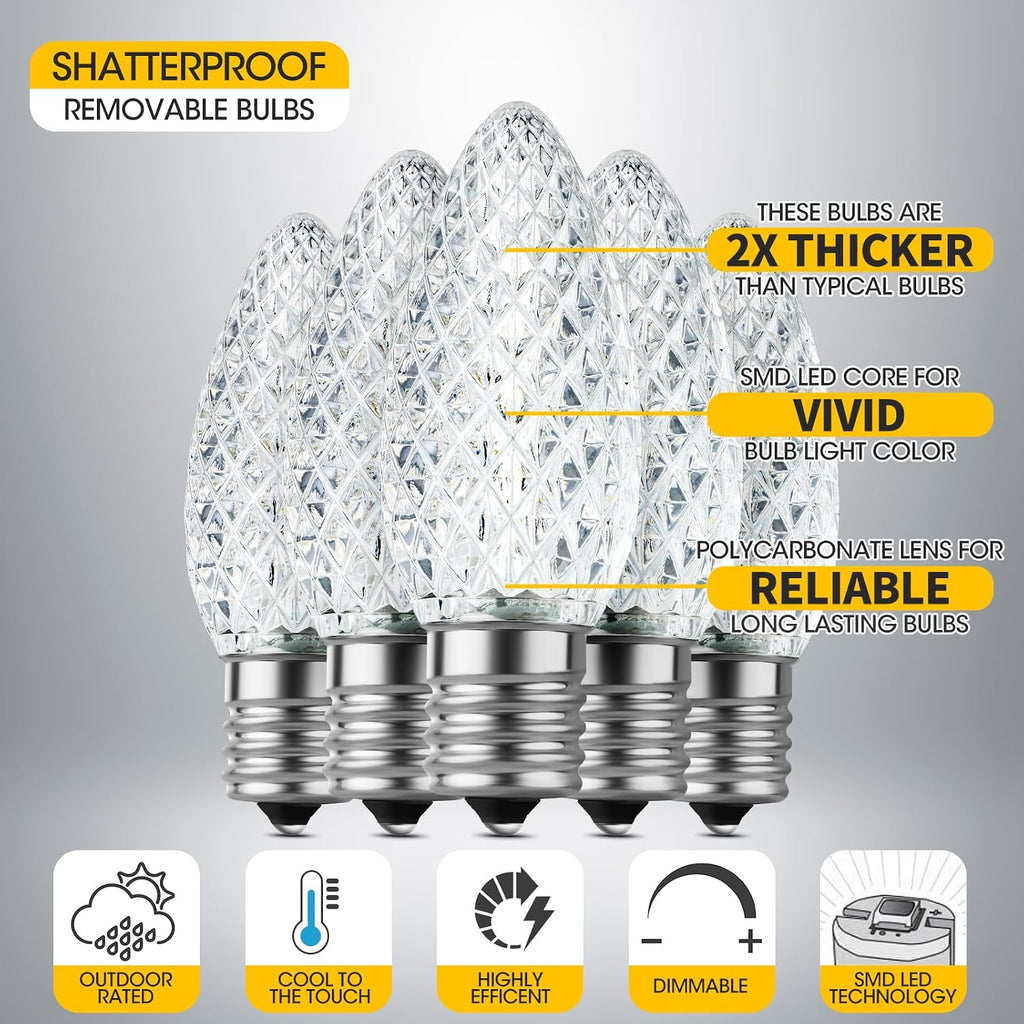 Set of 25 Warm White C9 Faceted LED Christmas Light Bulbs