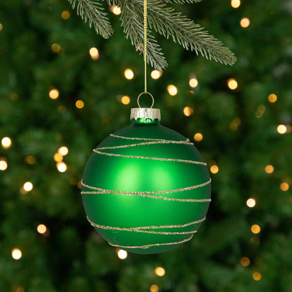 Glitter Golden Stripes Christmas Ornaments 3" Red Green 4ct