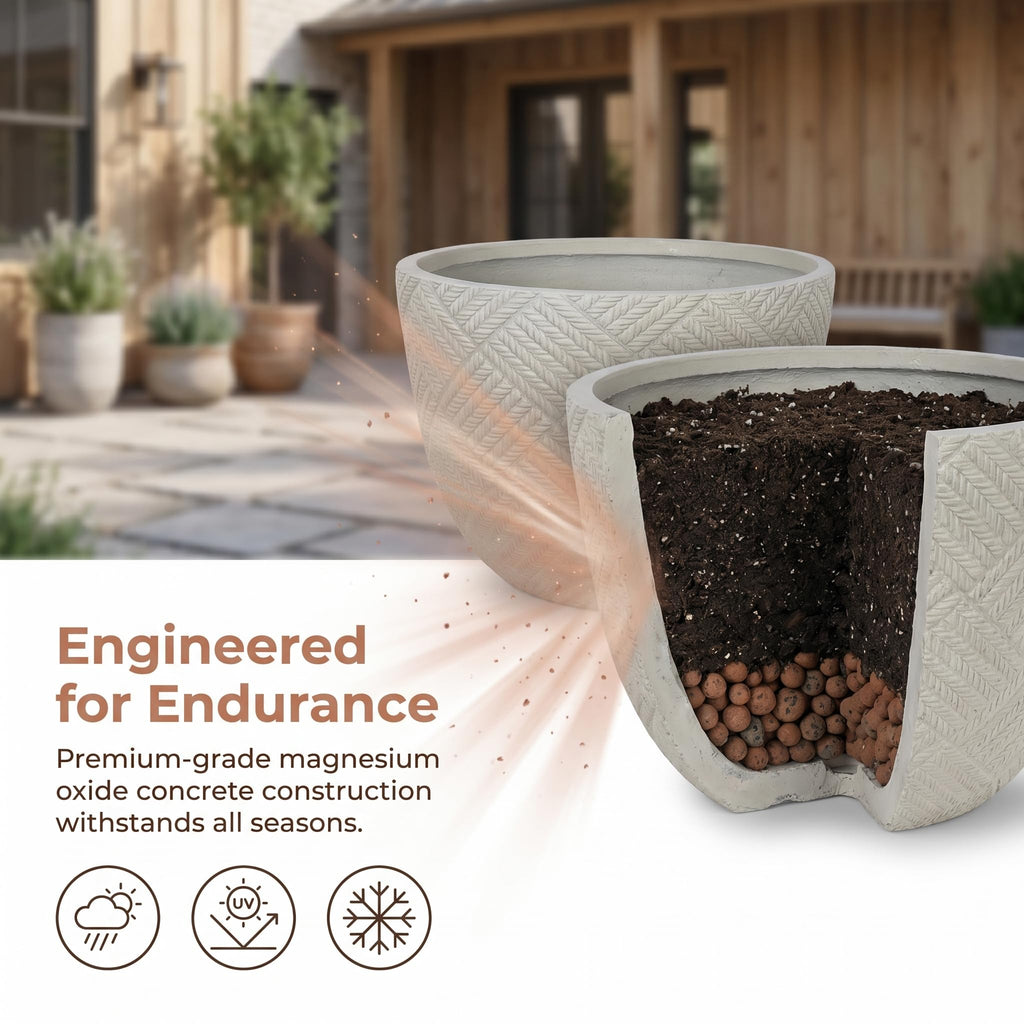 Set of 2 Large Oxide Magnesium Concrete Planters (15" & 18")Garden Decor