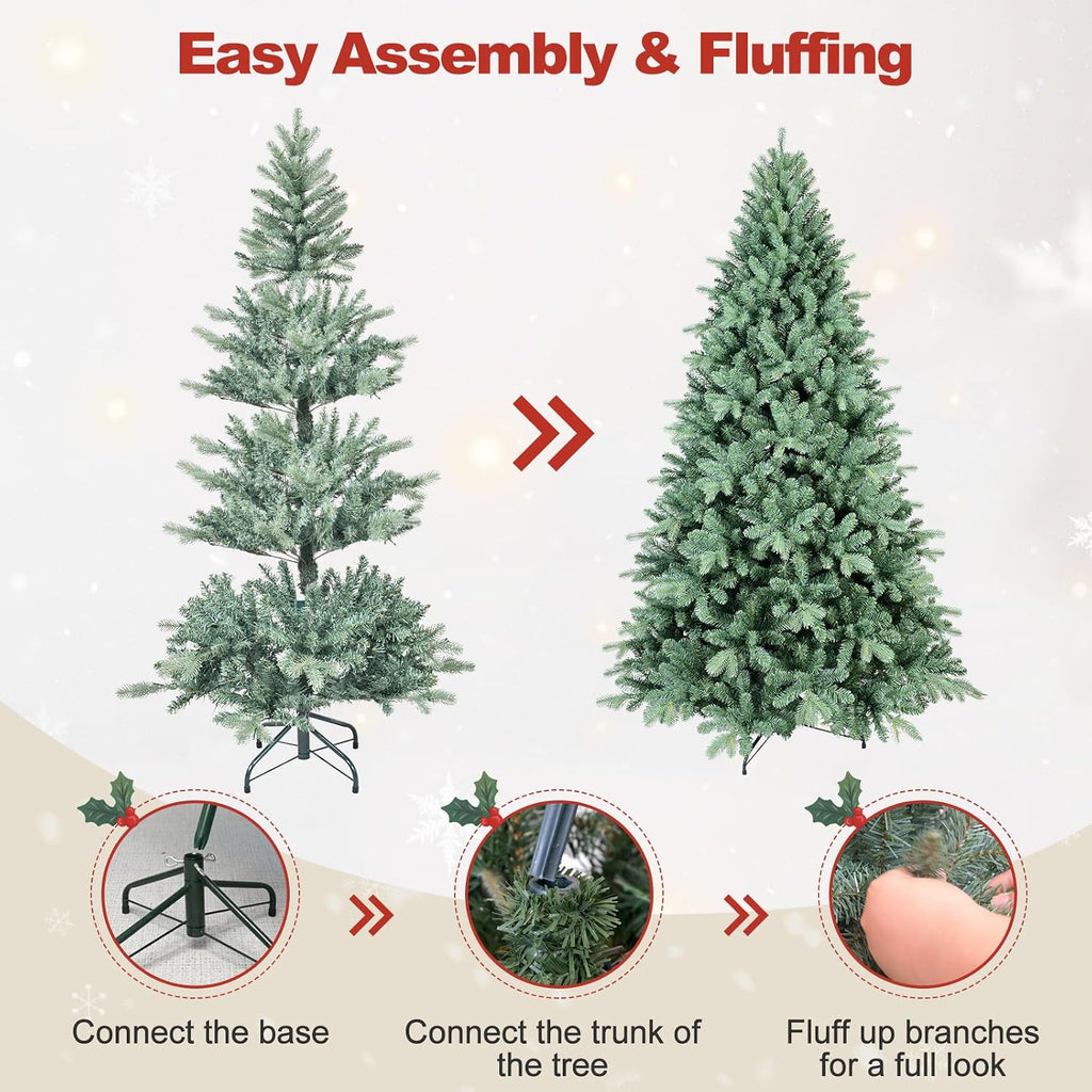 Blue Spruce Artificial Christmas Tree, Hinged Unlit Xmas Trees with 2458 PE&PVC Mixed Branch Tips, Home Holiday