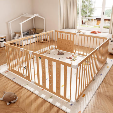 Wooden Baby Playpen, 64"x64" Extra Large Play Yard for Toddlers | Natural Wood Playpen with Child-Proof Lock, Easy