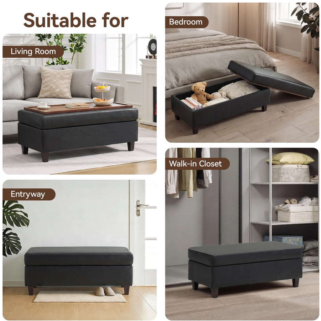 45" Faux Leather Storage Ottoman Bench with Wooden Tray, Black Large Upholstered Foot Stool, Multifunctional Coffee
