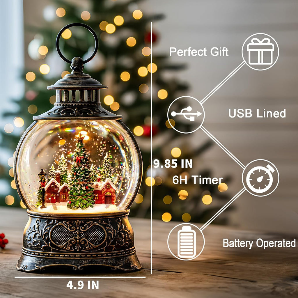 Christmas Village Snow Globe Lighted Christmas Tree and Village Scene, Musical Snow Water Lantern Swirling Glittering