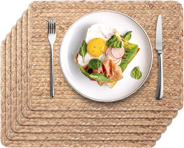 Woven Placemats, 17" x 12" Rattan Table Mats, Natural Water Hyacinth Chargers for Dinner Plates, Wicker - Set of 6