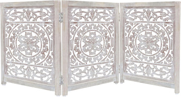 Wooden Foldable Pet Dog Gate - Hand Carved 3-Panel 60 W x 24 H