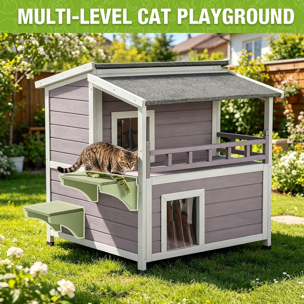 Outdoor Cat House Weatherproof 2 Story Wooden Feral Cat Shelter Easy Clean