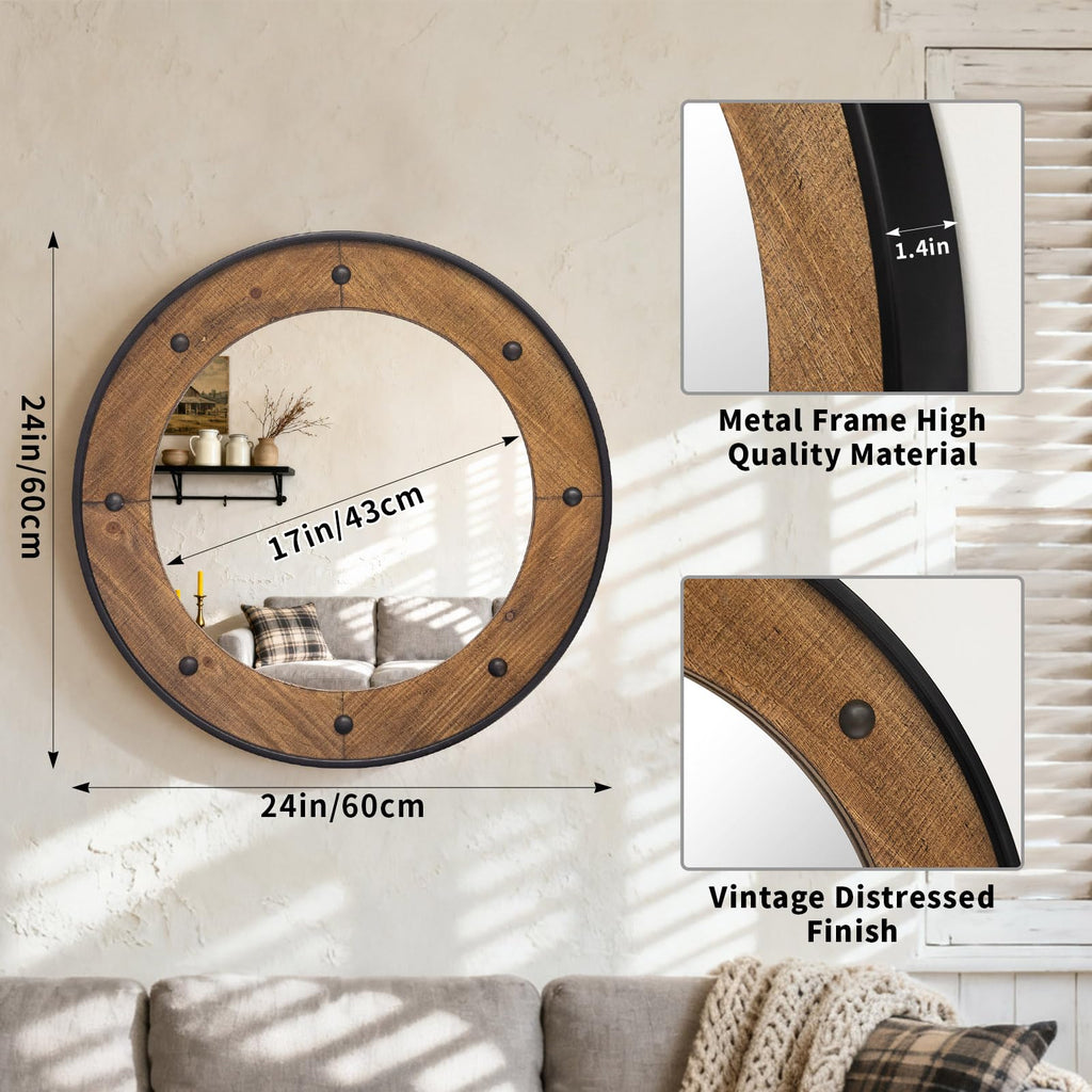 Rustic Round Wall Mirror 24 Inch, Natural Wood Frame with Black Metal Trim, Industrial Farmhouse Style Wall Mirror