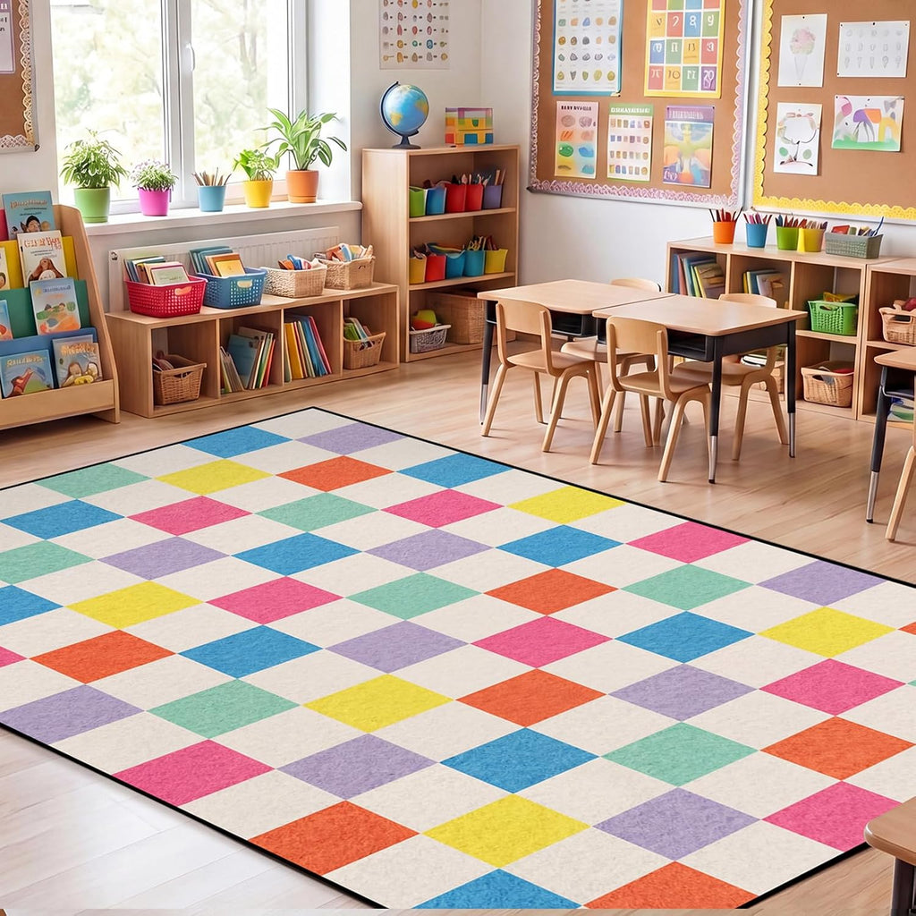 Colorful Checkered Classroom Rug 13'x7'5" Large Classroom Carpet