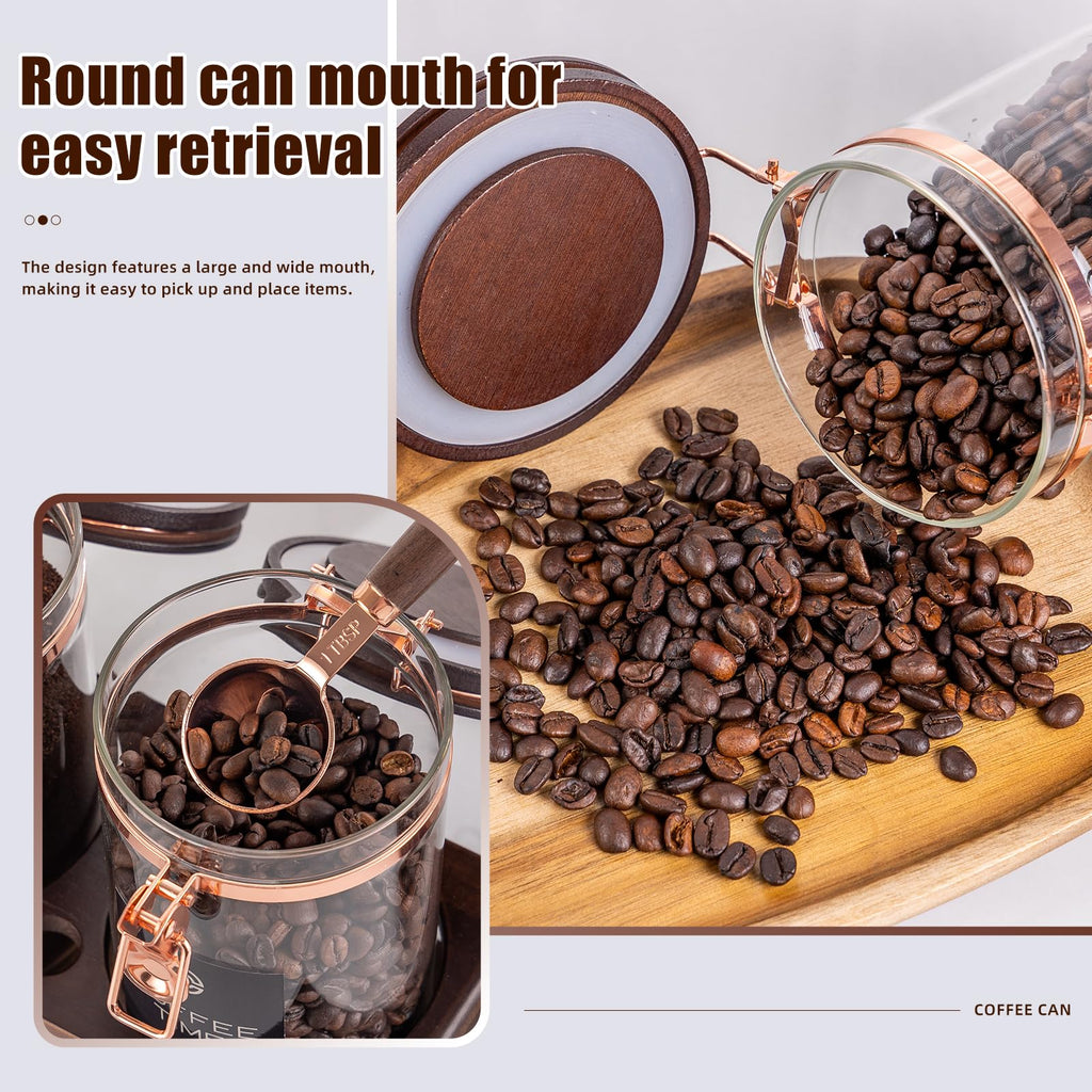Glass Coffee & Sugar Canister Set, 2×45OZ Airtight Glass Storage Jars with Wooden Shelf and Scoop, Airtight Food