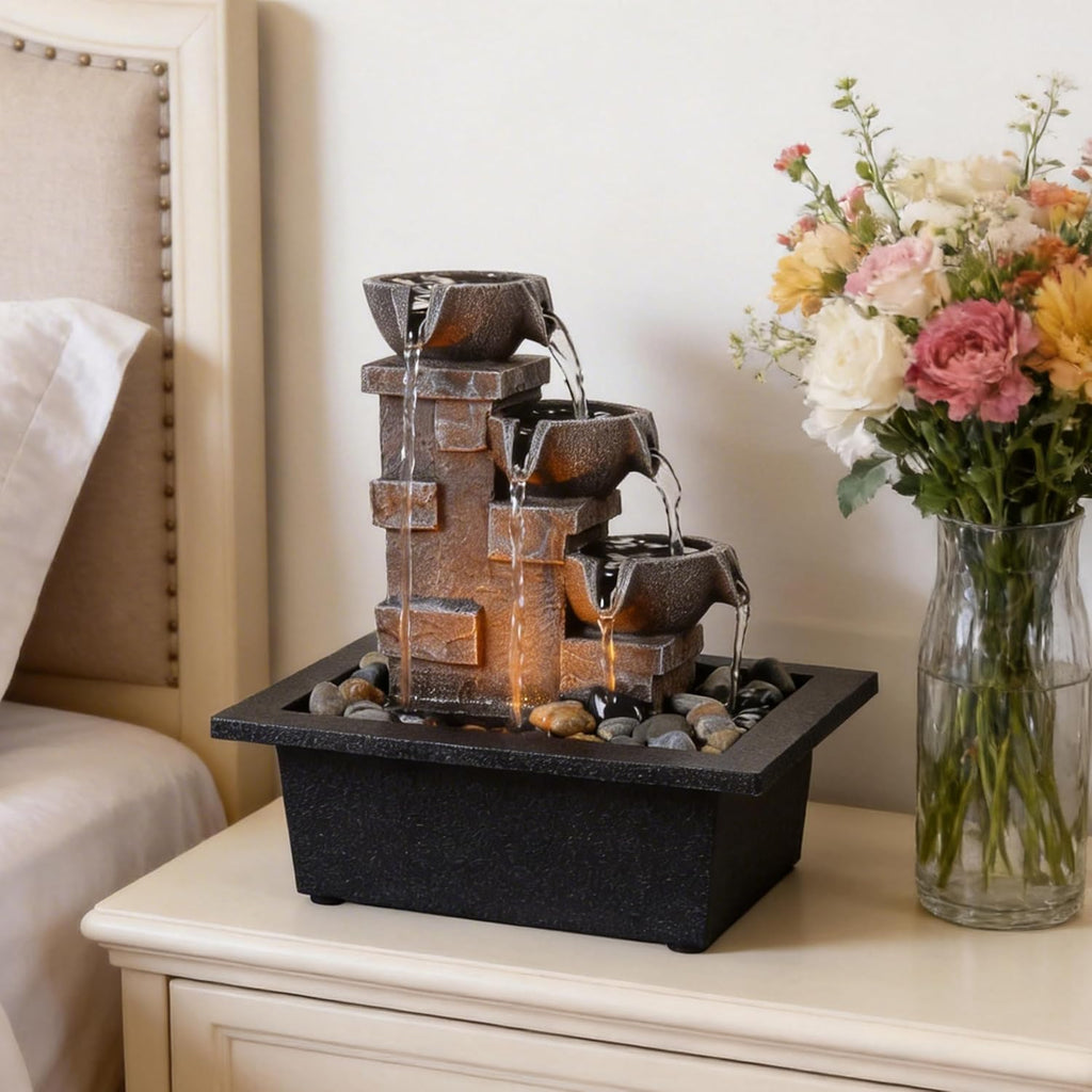 Home Décor Imitation 3-Tier Stone Wall Tabletop Fountain Many Natural River Rock Office Relaxing Desktop Zen